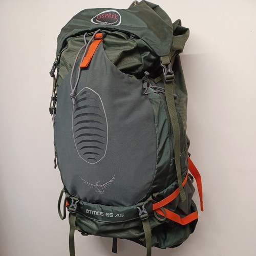 Osprey Atmos AG 65 Backpack in green color, showing the front and side views